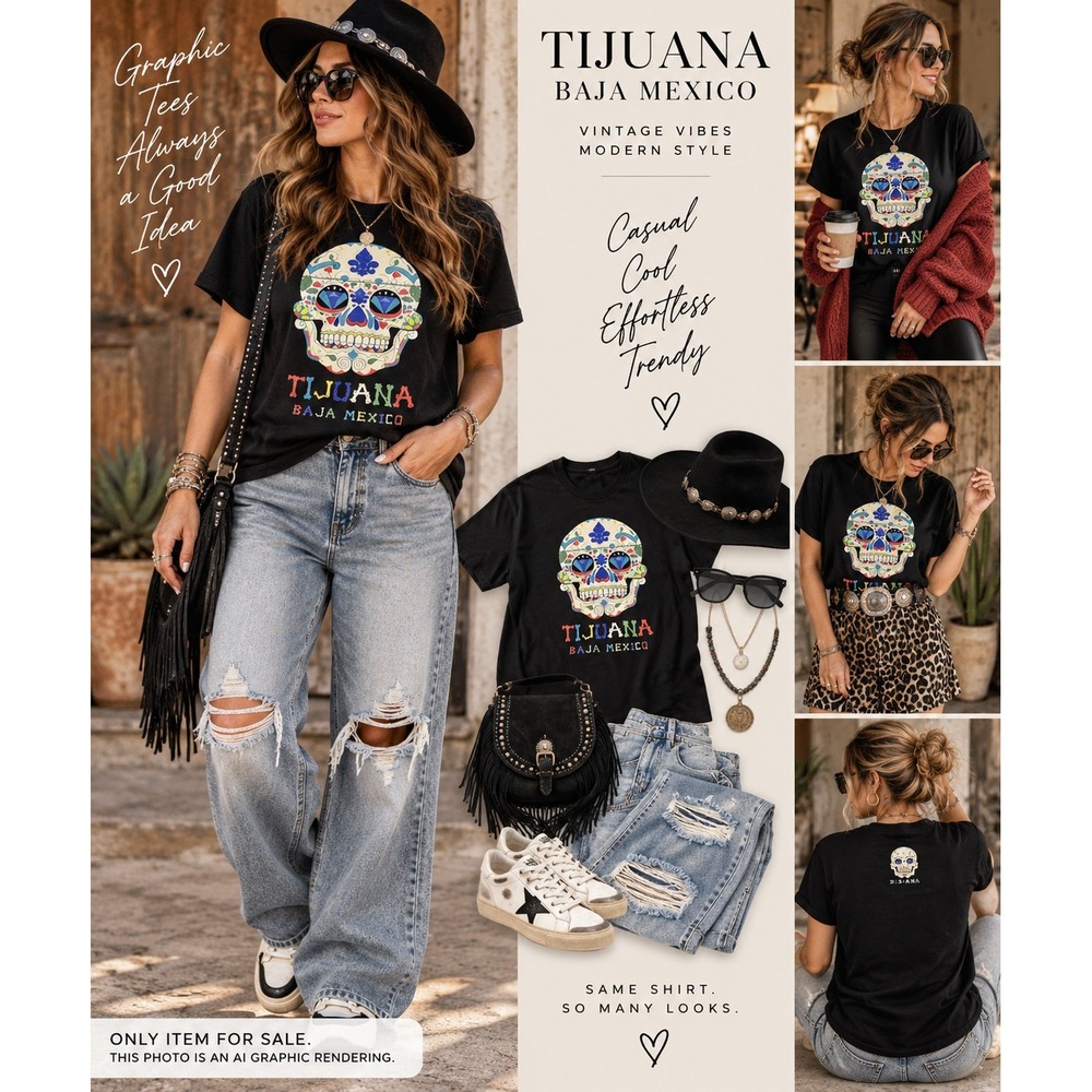 Yazbek Large T-Shirt Black Tijuana Baja Mexico Sugar Skull Graphic Tee Vintage